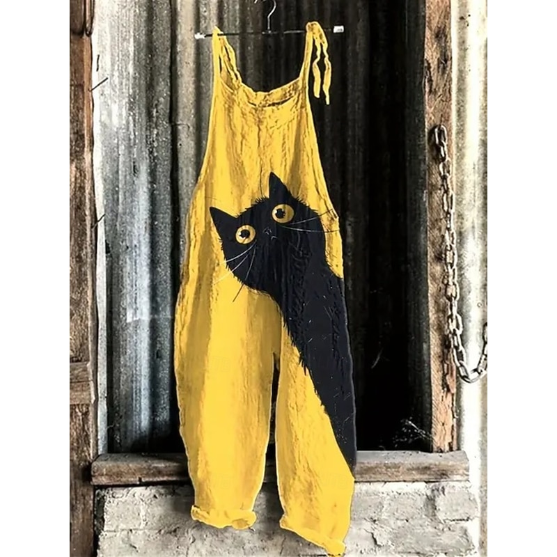 Women's Dungarees Active Animal Sleeveless Sleeveless Cargo Pants Halter Neck Pocket Vacation Party Loose Fit Black Yellow Blue All Seasons2