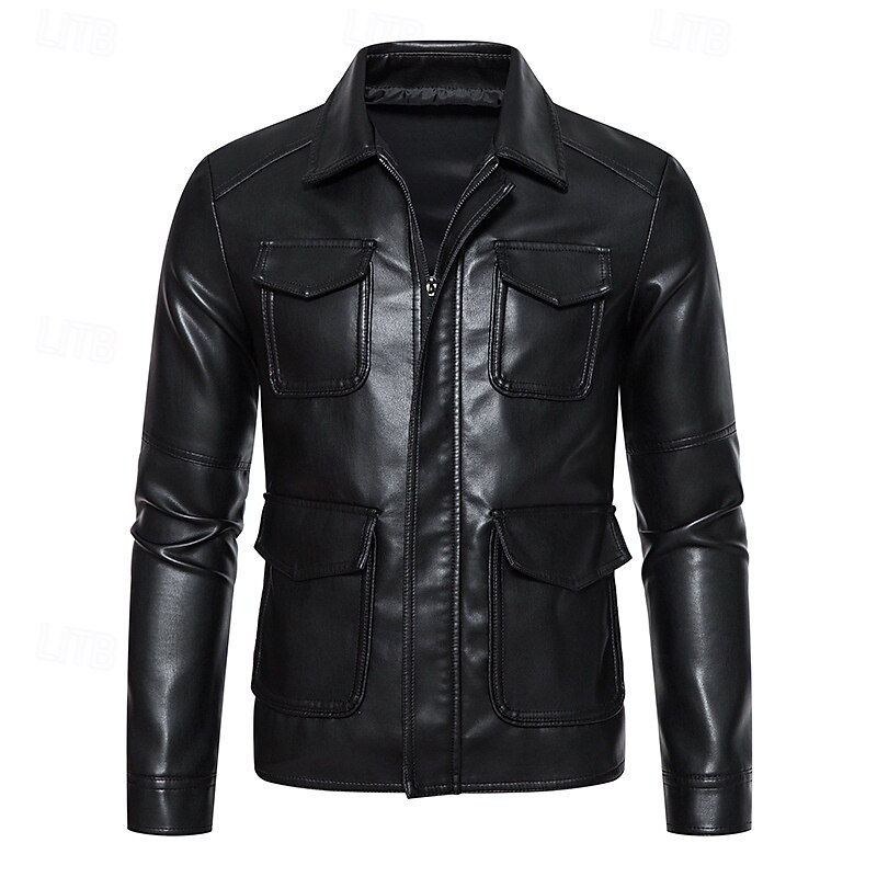 Men's Faux Leather Jacket Motorcycle Jacket Outdoor Casual Windbreaker Minimalist Fleece Collar Fall Winter Solid Color Punk Active Collar Regular Black Jacket