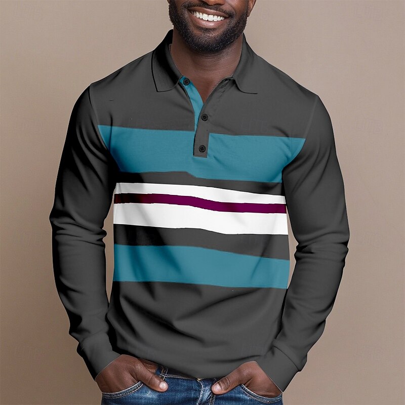 Men's Striped Cable Knit Polo Rugby Polo Shirts Long Sleeve Polo Shirts Collared Shirts Casual Outdoor Athleisure 3D Print Spring Fall Lake blue Blue Brown - Main Image
