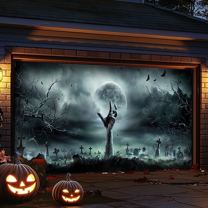 Halloween Garage Door Cover Large Hanging Backdrop Zombies 3D Dark Punk Gothic Style Party Outdoor Shooting Backgrounds Front Door Home Decor4