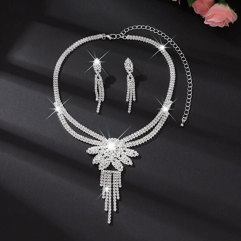 Jewelry Set 3pcs Rhinestone Alloy Earrings Necklace Women's Elegant Vintage Dainty Geometrical Geometric Jewelry Set For Wedding Party Wedding Guest3