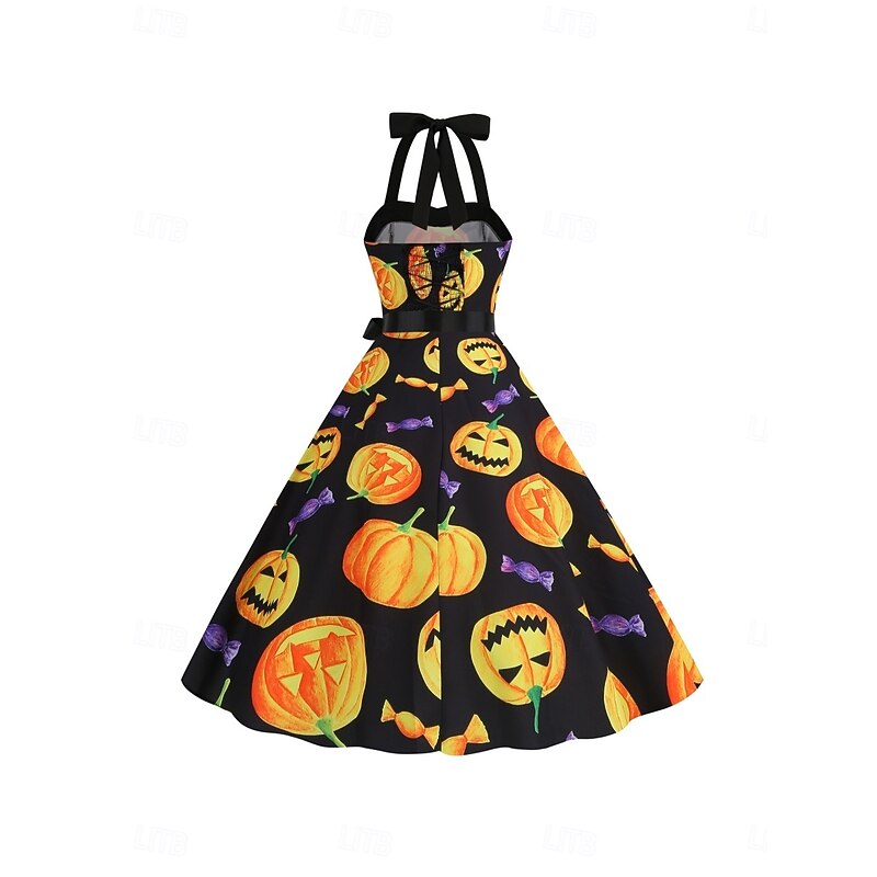 Halloween Women's Pumpkin Print Midi Dress A Line Dress Vacation Casual Daily Holiday Regular Fit Pumpkin Spider Sleeveless Halter Neck Dark Yellow Black Yellow Orange Summer Spring Fall3