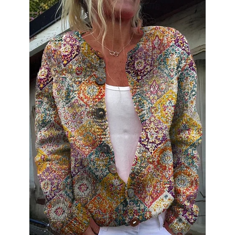 Women's Cardigan Vacation Daily Floral Ribbed Crew Neck Buttons Print Long Sleeve Regular Tops Knit Outdoor Daily Holiday White Blue Fall Winter