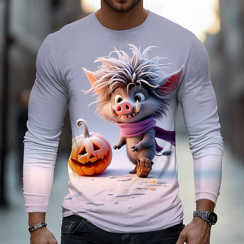 Halloween Men's Animal Pumpkin 3D T Shirt Long Sleeve T shirt 3D Print Crew Neck Shirt Fashion Exaggerated Street Casual Daily Light Blue Blue 1# Khaki Summer Spring Fall Clothing Apparel S M L XL4