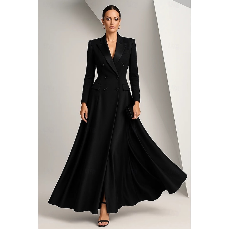 Tuxedo Dress A-Line Mermaid Formal Wedding Guest Satin Elegant Long Sleeve Ankle Length Peak Lapel Double Breasted2