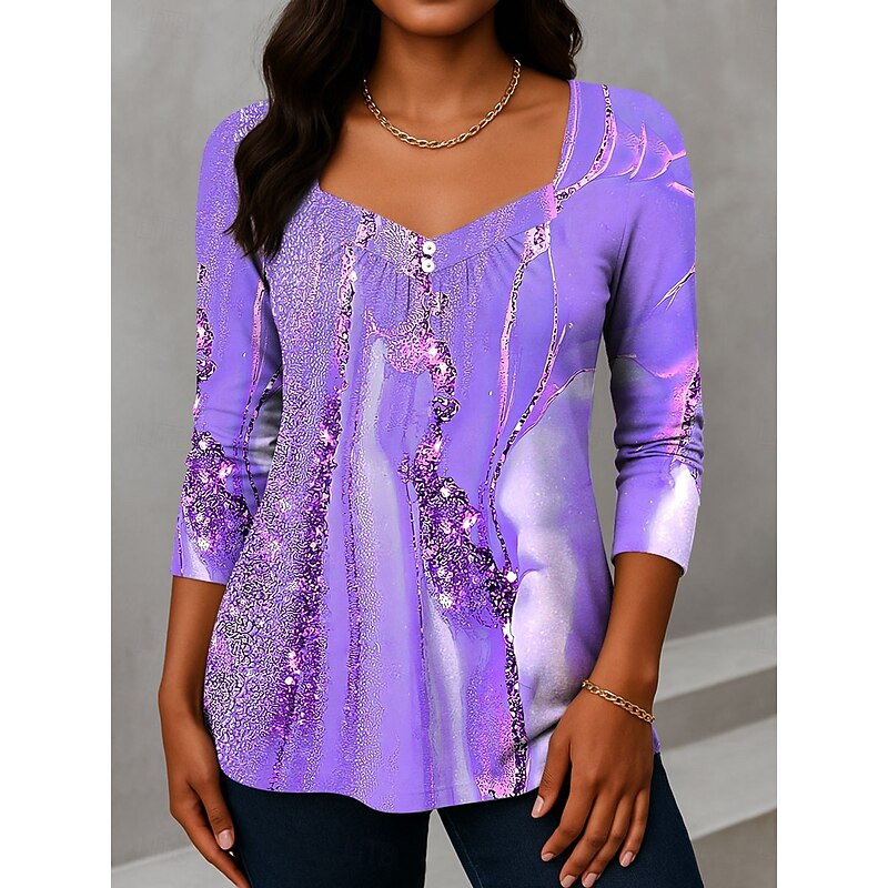 Women's T Shirt Ombre Graphic Elegant Vintage Fashion Long Sleeve Asymmetric Neck Regular Tops Daily Weekend Vacation Wear Buttons Print Pink Purple Green Summer Spring2