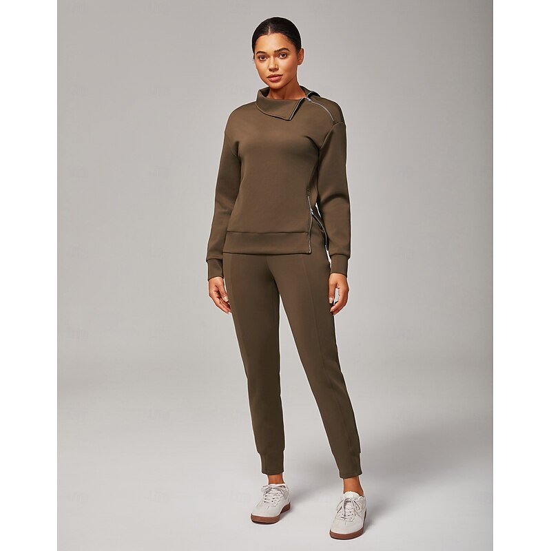 Women's Brown Stretch Knit Tracksuit Pants Zip Slit Elastic Waist Stylish Comfortable Casual Daily Work Versatile Fall4