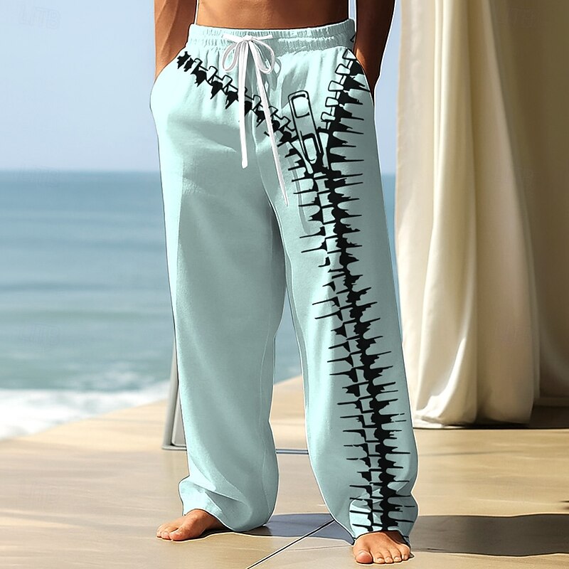 Men's Optical Illusion Zipper Trousers Baggy Pants Casual Pants Mid Waist Fashion Outdoor Vacation Streetwear Elastic Drawstring Waist Linen-Like Pants with Pockets Spring Fall 3D Print Black White3