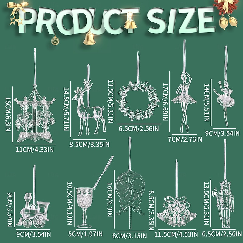 10PCS Christmas Crystal Ornaments, Acrylic Angel & Bell Hanging Decorations, Transparent Christmas Tree Ornaments for Holiday Party Home Decor3