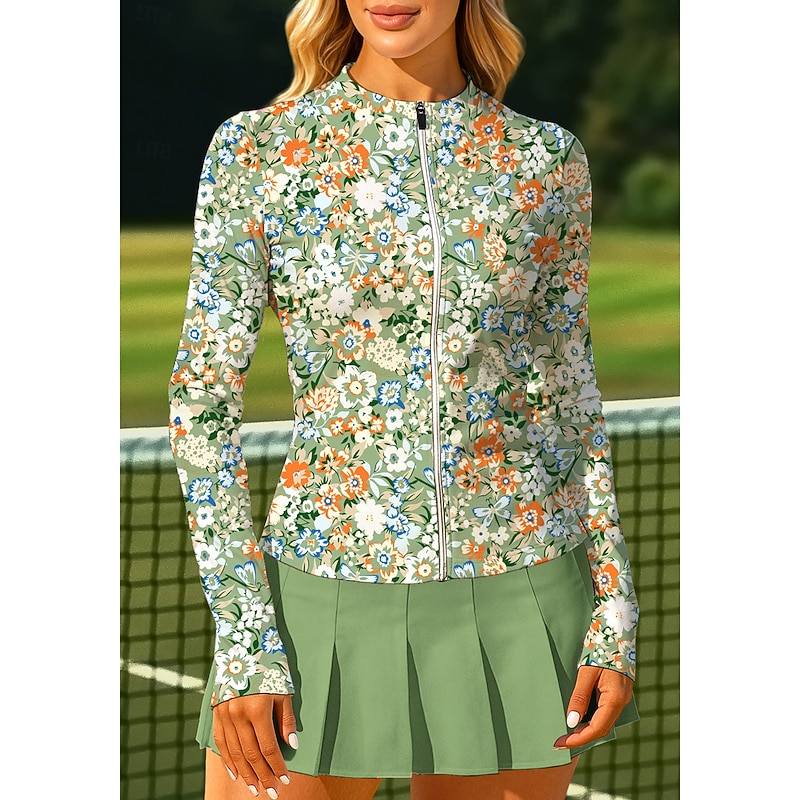 Women's Floral Tops Sport Shirt Tennis Shirt Tennis Top Long Sleeve Zipper Floral UPF50+ UV Resistant High Elasticity Moisture Wicking Breathable Volleyball Tennis Golf Round Stand Collar Tee Tshirt3