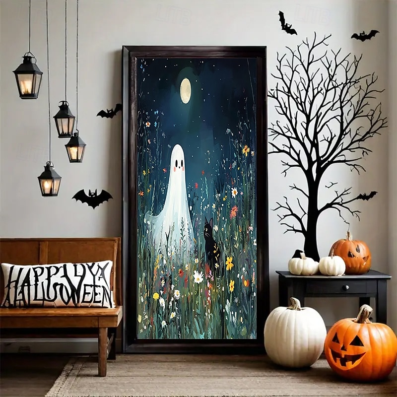 Halloween Door Cover with Cute Ghost and Pumpkin – Fall Forest Haunted House Decoration for Front Door, Trick or Treat Party Outdoor 2025 Halloween Decor4