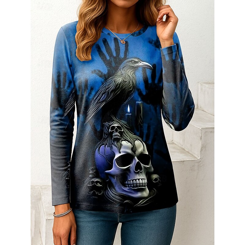 Halloween Women's T Shirt Skulls Graphic Vintage Fashion Stylish Long Sleeve Crew Neck Regular Tops Daily Weekend Print Pink Red Blue Orange Green Spring Fall Winter4