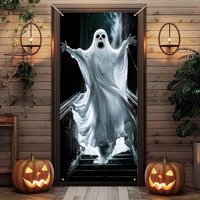 Halloween  Door Covers Scary Bloody Ghost Woman, 2025 Halloween Door Curtain Decoration Backdrop Door Banner for Front Door Farmhouse Holiday Party Indoor Outdoor Decor Supplies2