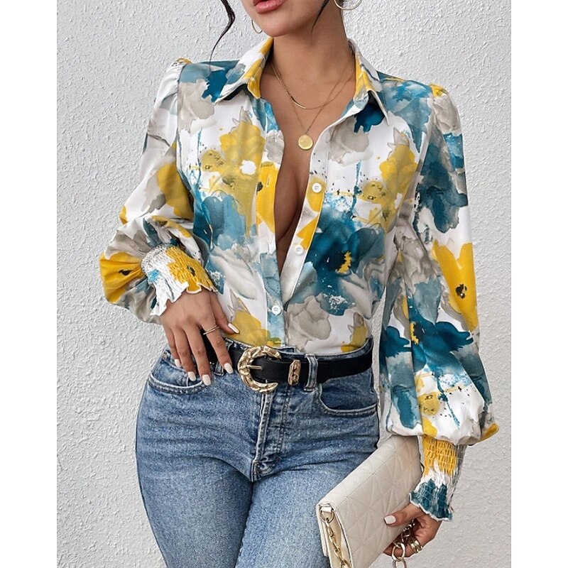 Women's Shirt Blouse Flower Modern Casual Long Sleeve Shirt Collar Regular Tops Daily Going out Print Red Blue Purple Green Fall3