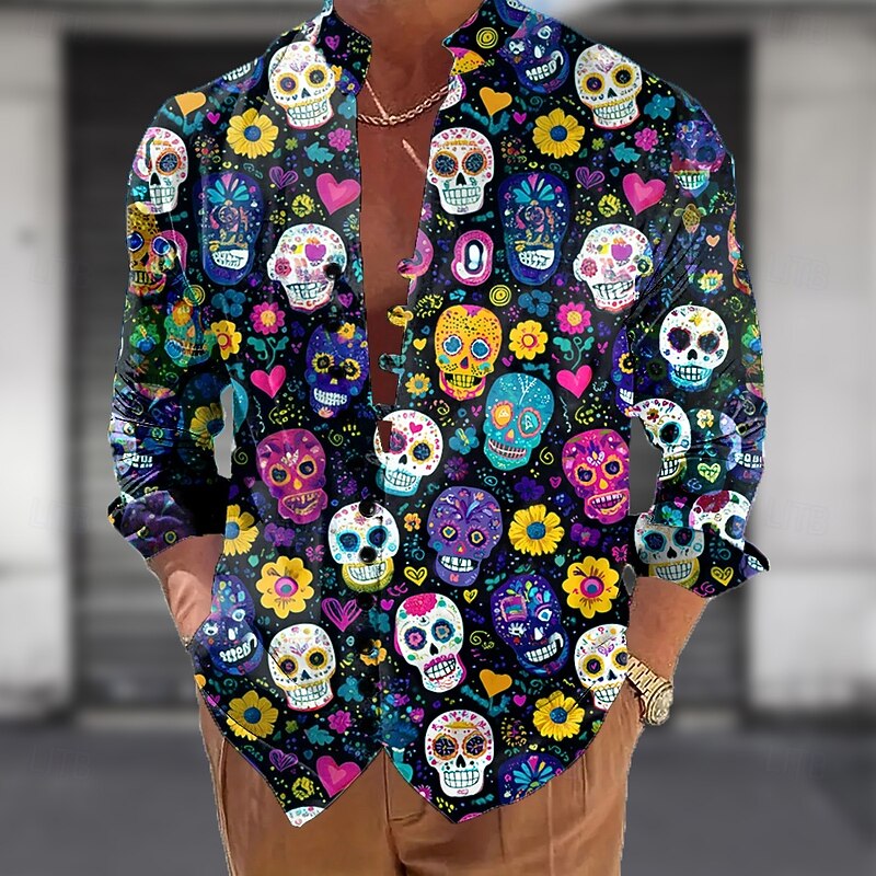 Men's Skull Day of the Dead Rose Shirt Stand Collar Shirt Long Sleeve Dark Gothic Style Outdoor Holiday Spring Fall Mandarin Collar Band Collar Button-Down Linen Like Shirt Blue Purple Green2