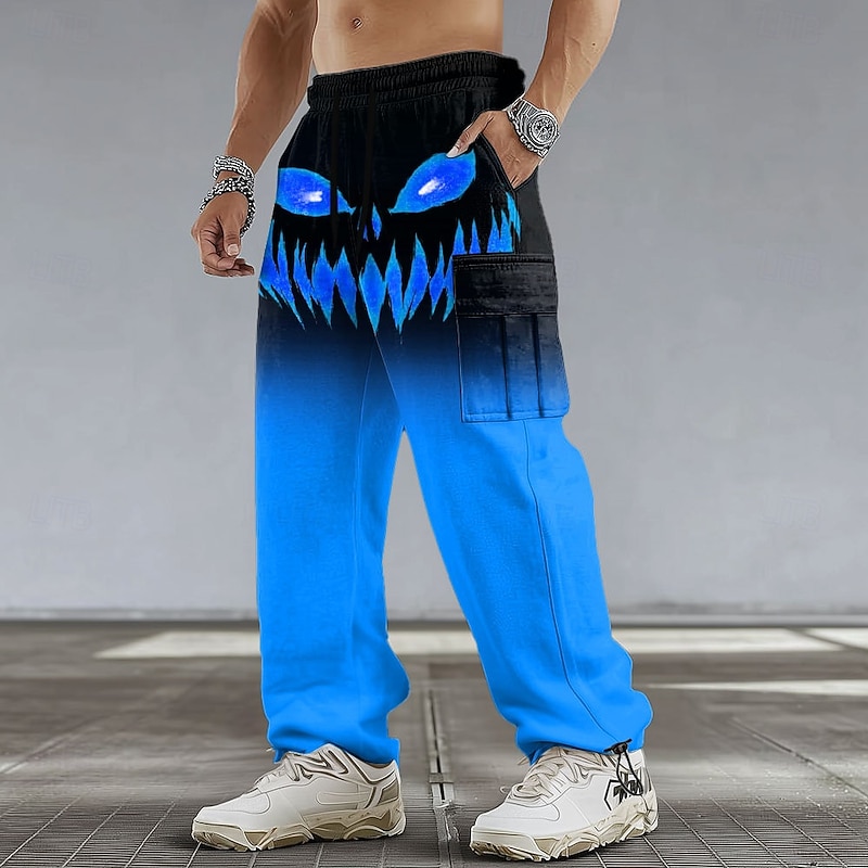 Halloween Men's Pumpkin Halloween Costumes Cargo Sweatpants Joggers Casual Pants Mid Waist Casual Athletic Hiking Workout Elastic Drawstring Waist Open Bottom Tactical Pants with Pockets Spring Fall2