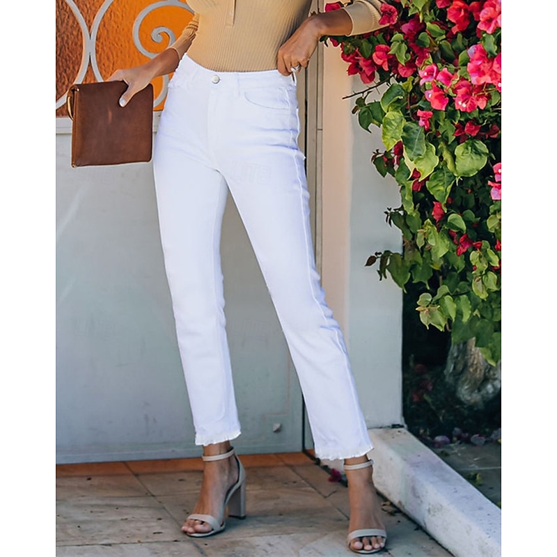 Women's Slacks Cropped Pants Straight Streetwear Casual Full Length Natural Plain Pocket Comfortable Street Holiday Daily Wear White Fall Regular Fit4