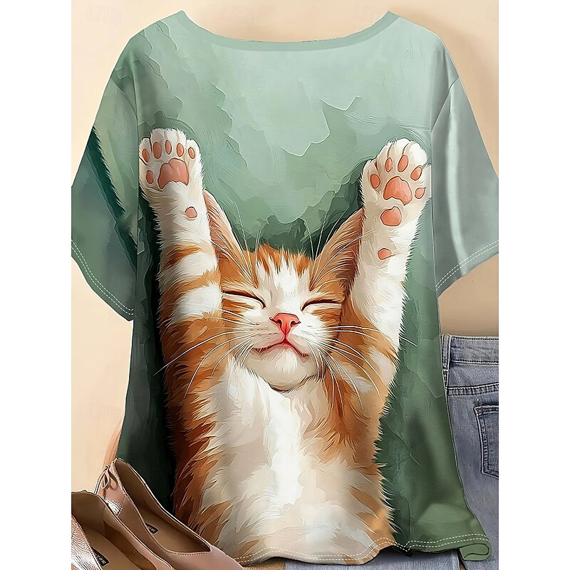 Women's T Shirt Graphic Animal Cat Vintage Stylish Classic Short Sleeve Crew Neck Round Neck Regular Tops Daily Weekend Print Light Green Summer Spring2