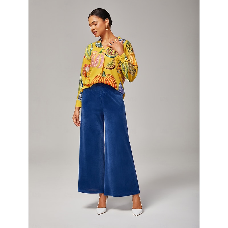 Women's Top Casual Drop Shoulder Stand Collar Inverted Pleat Pumpkin Print Yellow2