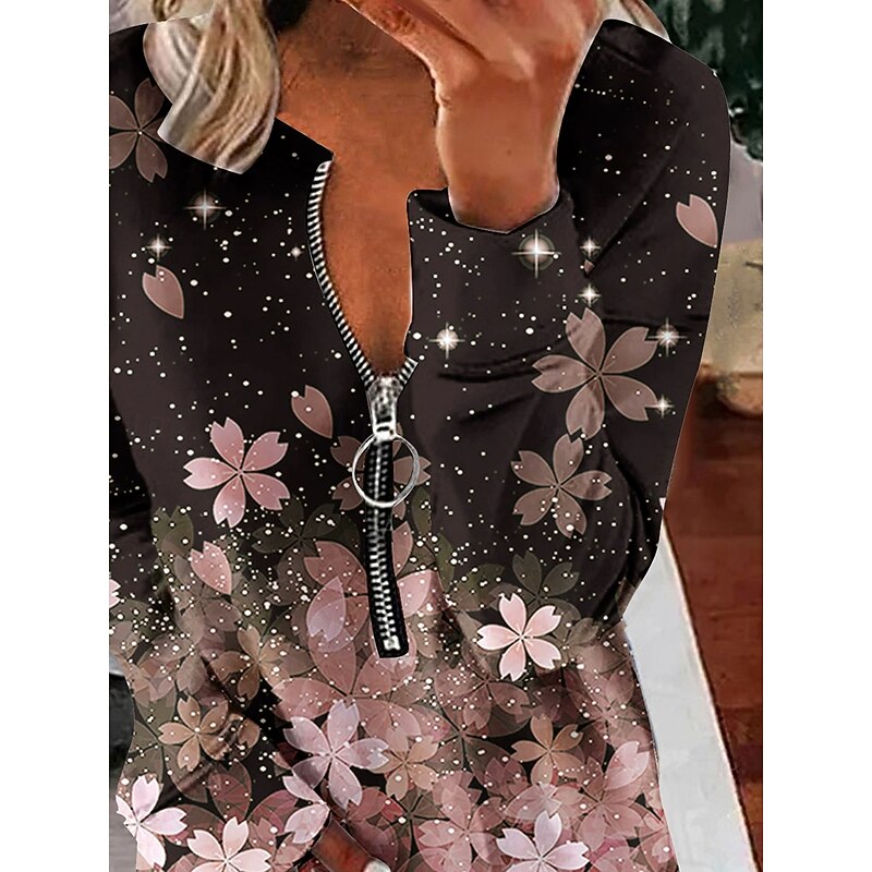Women's Pullover Sweatshirt Zip Up Sweatshirts Floral Graphic Fashion Casual Long Sleeve Crew Neck Regular Tops Street Dailywear Zipper Print Pink Fall Winter2