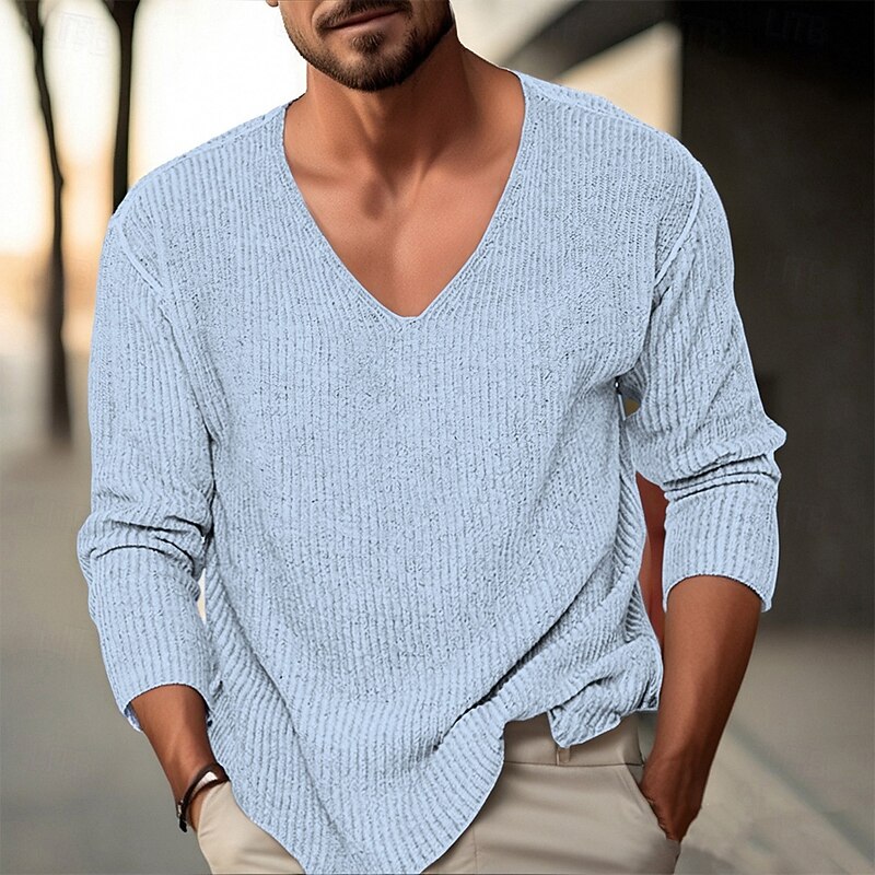 Men's Pullover Sweater Jumper Knit Sweater Ribbed Knit Regular Tops Knitted Plain V Neck Fashion Basic Vacation Daily Wear Clothing Apparel Fall Winter Black Pink M L XL