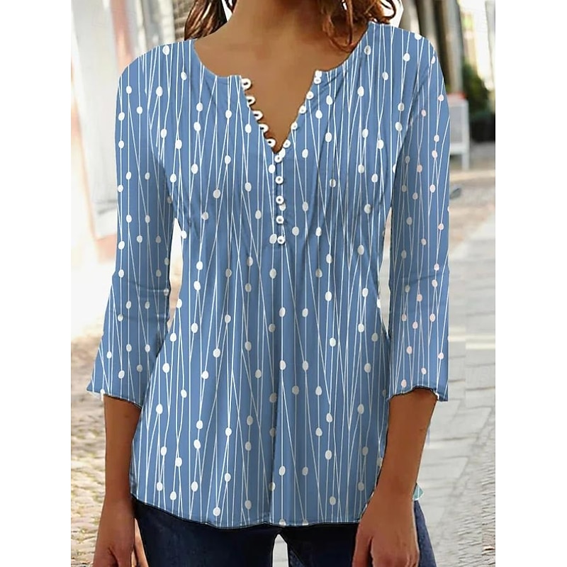 Women's Blouse Graphic Polka Dot Elegant Stylish Modern 3/4 Length Sleeve Ruffle Sleeve V Neck Regular Tops Work Daily Holiday Ruched Buttons Red Blue Green Gray Summer Spring Fall2