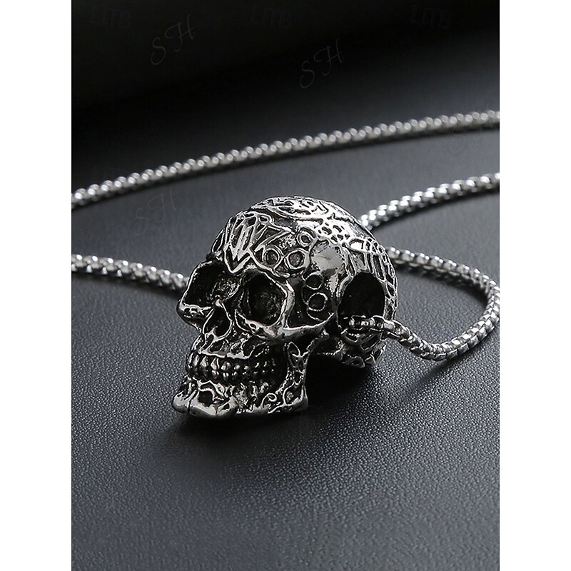 Men's Halloween Gothic Skull Pendant Necklace - Vintage Carved Alloy Chain Jewelry for Party, Cosplay and Everyday Punk Style2