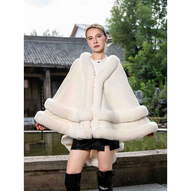 Faux Fur Wraps Plus Size Curve Keep Warm Sleeveless Batwing Sleeve Polyester Wedding Wraps With Pure Color For Special Occasion Fall & Winter