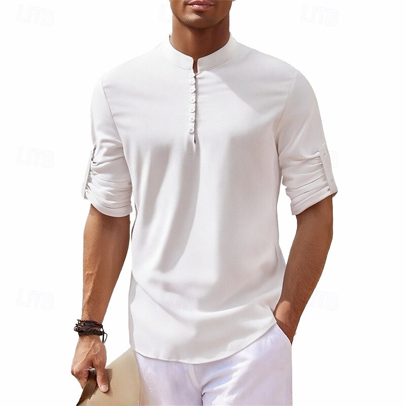 Men's Shirt Popover Shirt Summer Shirt Casual Shirt Beach Shirt Black White khaki Dark Blue Gray Long Sleeve Plain Band Collar Vacation Hawaiian Clothing Apparel Fashion Casual Comfortable