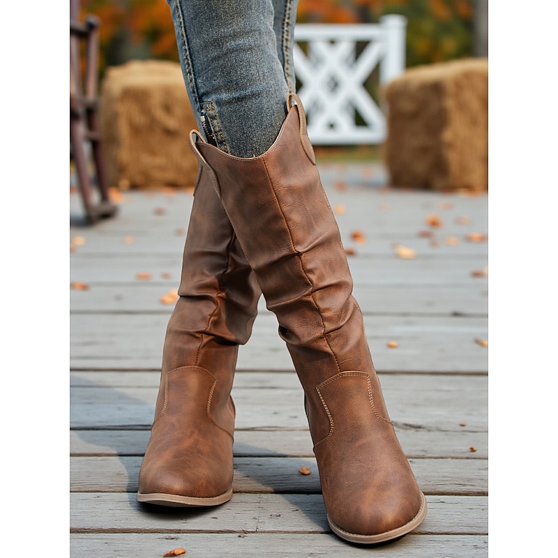 Women's Brown Slouchy Mid-Calf Boots – Chunky Heel Western-Style Boots for Fall Fashion, Outdoor Events and Casual Days3