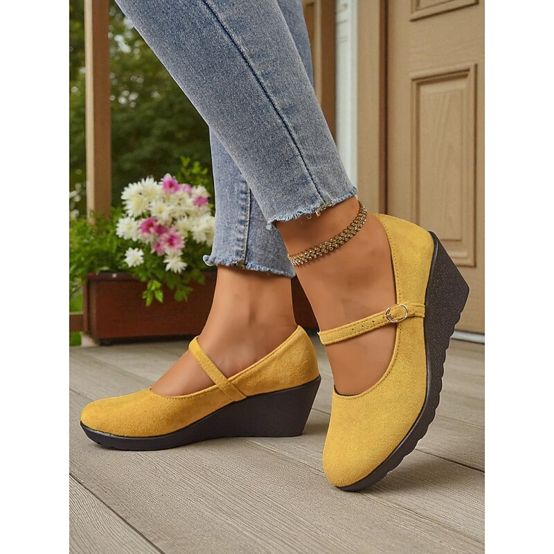 Women's Yellow Mary Jane Wedge Heels – Comfortable Round Toe Platform Shoes for Casual Outings and Office