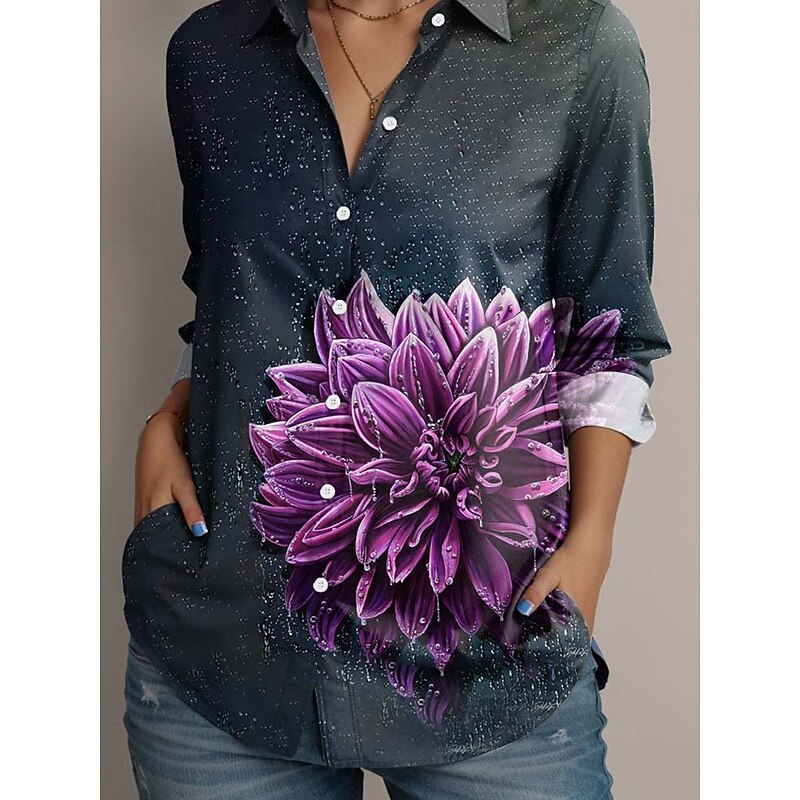 Dakota Daetwiler by Women's Shirt Floral Graphic Daily Stylish Business Long Sleeve Shirt Collar Regular Tops Work Daily Formal Wear Buttons Print Black Spring Fall3