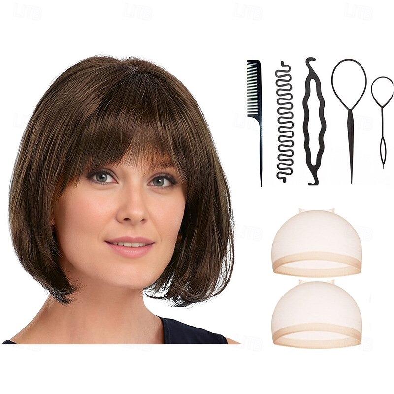 Bob Wig with Natural Looking Crown and Flirty Bangs/Multi-tonal Shades of Blonde Silver Brown and Red With 2PCS HD Wig Cap and Hairdressing Tool Set