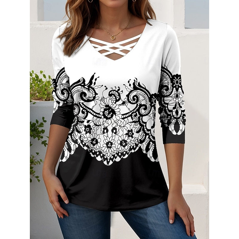 Women's T Shirt Graphic Geometric Vintage Stylish Casual Long Sleeve V Neck Regular Tops Daily Cut Out Print White Pink Blue Green Spring Fall