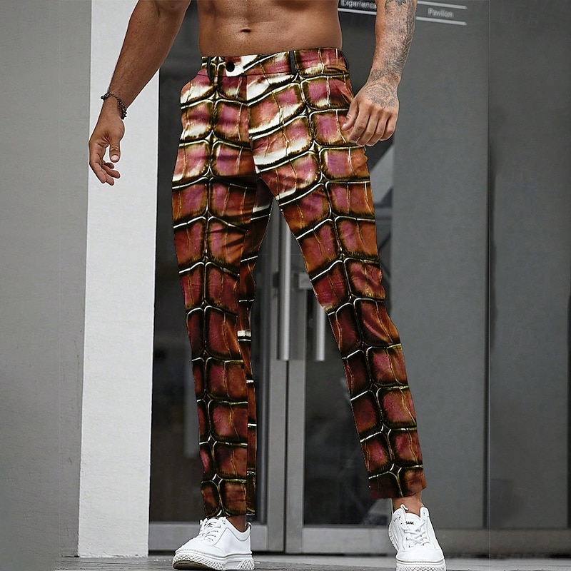 Men's Crocodile Scales Dress Pants Trousers Suit Pants Mid Waist Casual Outdoor Holiday Straight Leg Pants with Pockets Spring Fall 3D Print Purple Orange Green3