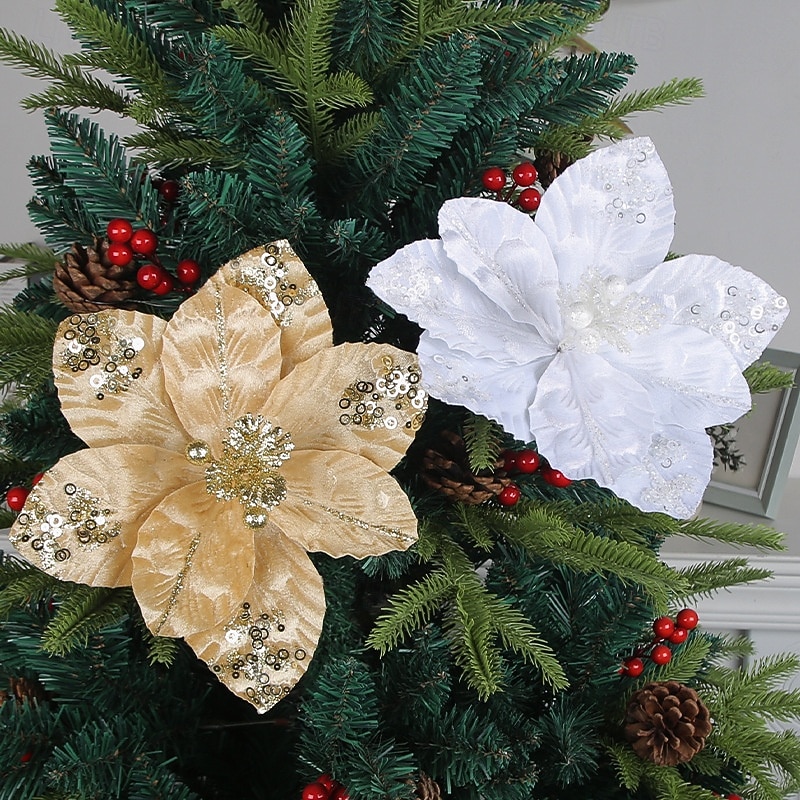 1pc Christmas Poinsettia Artificial Flower, New Glitter Sequin Holiday Decoration, Gold Faux Floral Hanging Ornament, Christmas Wreath Accessory