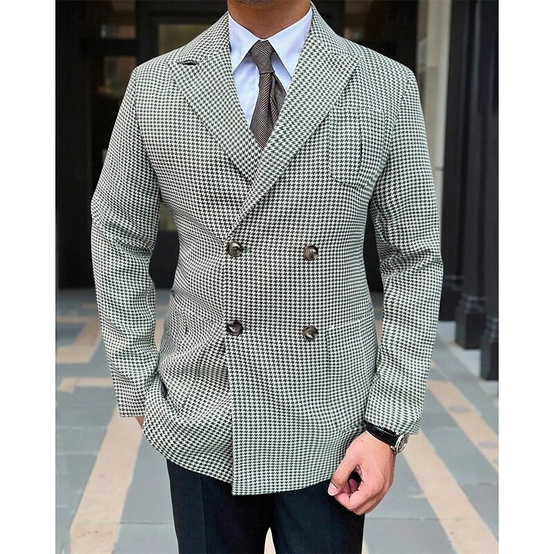 Men's Blazer Business Cocktail Party Wedding Party Fashion Casual Spring Fall Polyester Houndstooth Pocket Buttons Comfortable Double Breasted Blazer Green2