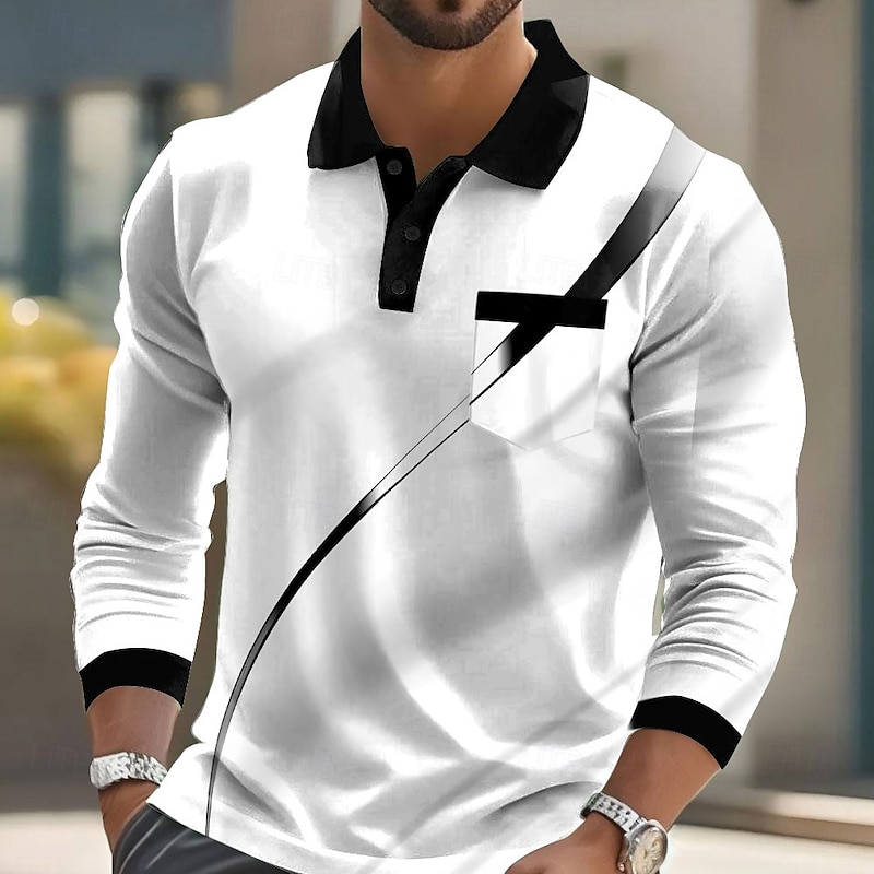 Men's Geometric Line Polo Long Sleeve Polo Shirts Lapel Business Casual Athleisure Daily Wear Pocket 3D Print Buttons Spring Fall Black Red Blue4