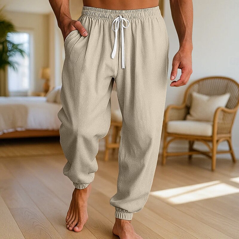 Men's Linen Pants Trousers Summer Pants Beach Pants Drawstring Elastic Waist Elastic Cuff Plain Comfort Breathable Full Length Casual Daily Holiday Vacation Fashion Navy Blue Green Micro-elastic2