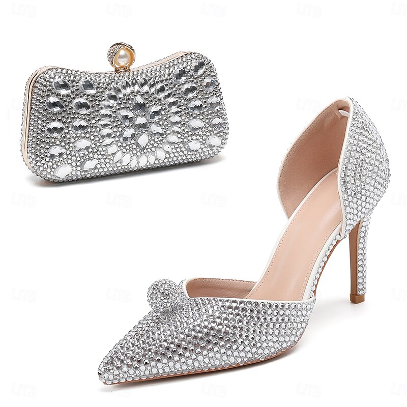 Women's Champagne Rhinestone Stiletto Heels and Clutch Bag Set – Elegant Pointed Toe High Heel Shoes for Wedding, Prom, and Evening Parties2