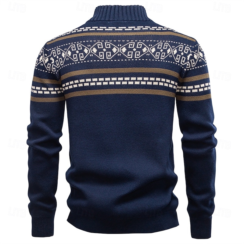 Men's Cardigan Sweater Fair Isle Sweater Knit Regular Tops Zip Up Geometric Turtleneck Christmas Cardigan Vacation Casual Clothing Apparel Spring Fall Navy Blue khaki S M L2
