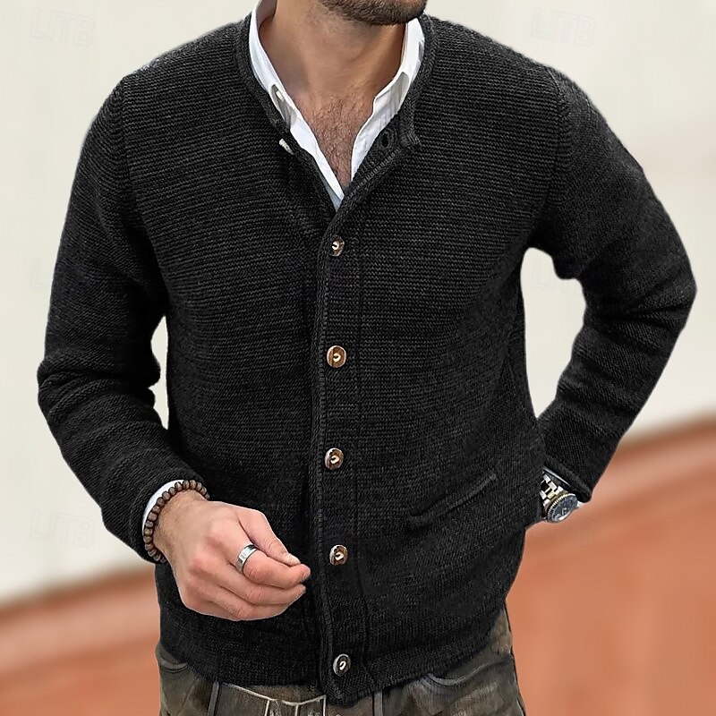 Men's Cardigan Sweater Cropped  Sweater Knit Sweater Ribbed Knit Regular Tops Pocket Buttons Plain Collarless Fashion Classic Vacation Daily Wear Clothing Apparel Fall Winter Black Navy Blue M L XL2