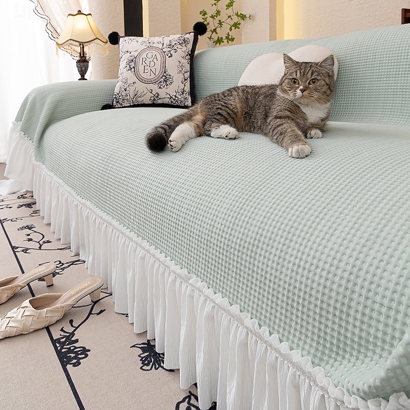 French Style Couch Cover for Pets, Pet Friendly Cream Solid Color Sofa Throw Blanket with Lace, Full-Cover Anti-Scratch Sofa Cushion Protector, Elegant Slipcover for Living Room Decor2