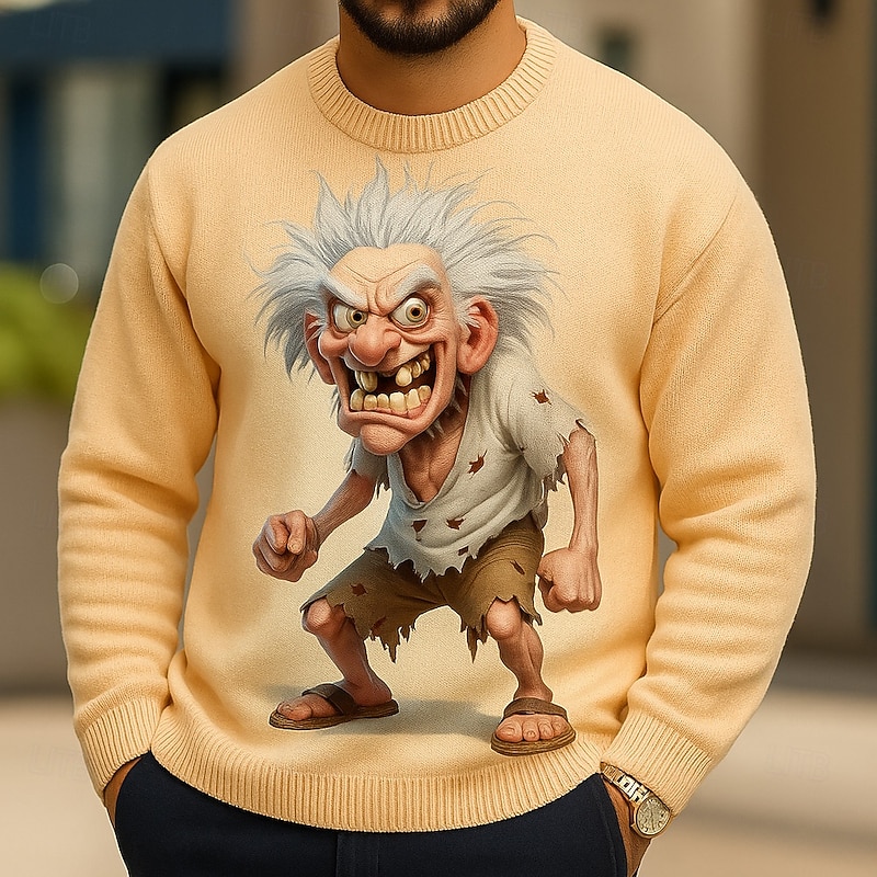 Men's 3D Cartoon Cartoon Character Pullover Sweater Jumper Knitwear Crewneck Casual Vacation Home Street 3D Print Knitting Keep Warm Long Sleeve Spring Fall Winter White Yellow Brown2