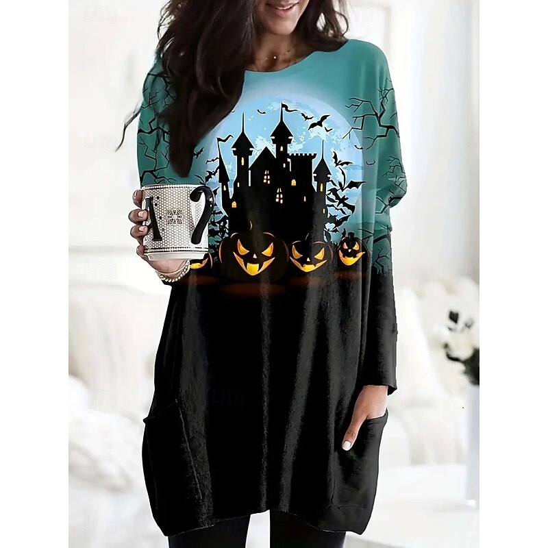Halloween Women's T shirt Witch Graphic Pumpkin Fashion Long Sleeve Crew Neck Round Neck Long Tops Daily Going out Weekend Pocket Print Blue Purple Green Gray Spring Fall2