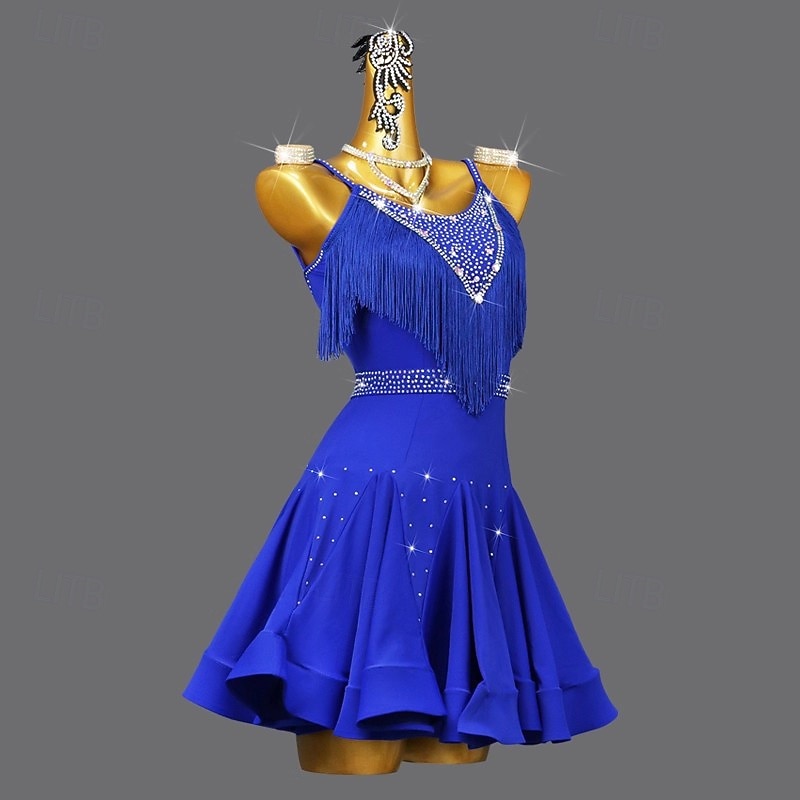 Latin Salsa Dance Dress Rhinestone Tassel Pure Color Women's Performance Training Sleeveless Spandex4