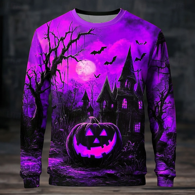 Halloween Men's Pumpkin Sweatshirt Punk Party Long Sleeve Crew Neck Vacation Purple Orange Crewneck 3D All Seasons Designer2