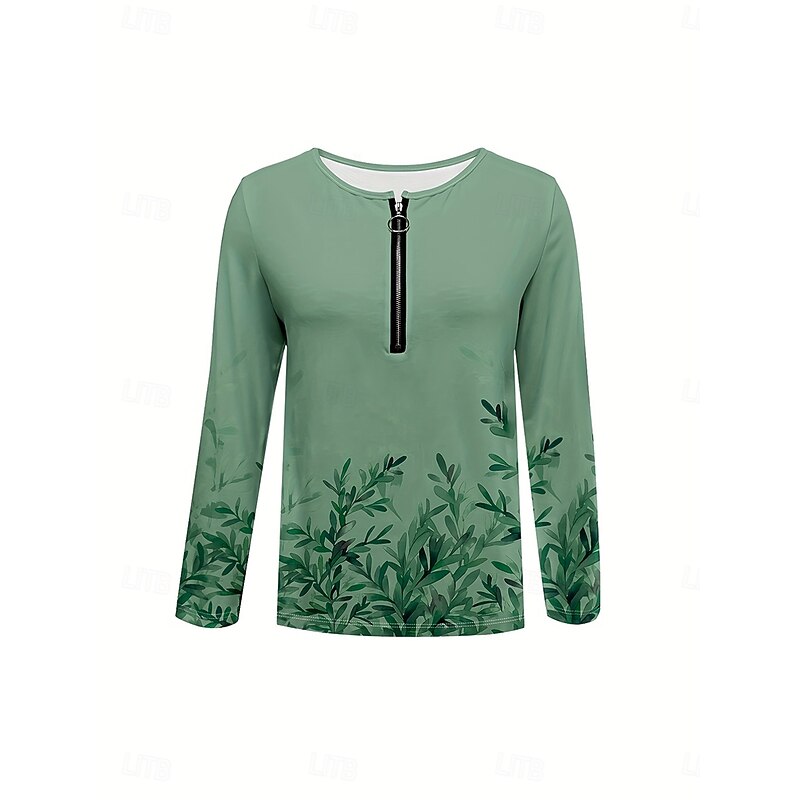 Women's T Shirt Ombre Floral Graphic Elegant Vintage Stylish Long Sleeve V Neck Round Neck Notched Neck Regular Tops Daily Weekend Zipper Print Grass Green Spring Fall Winter2