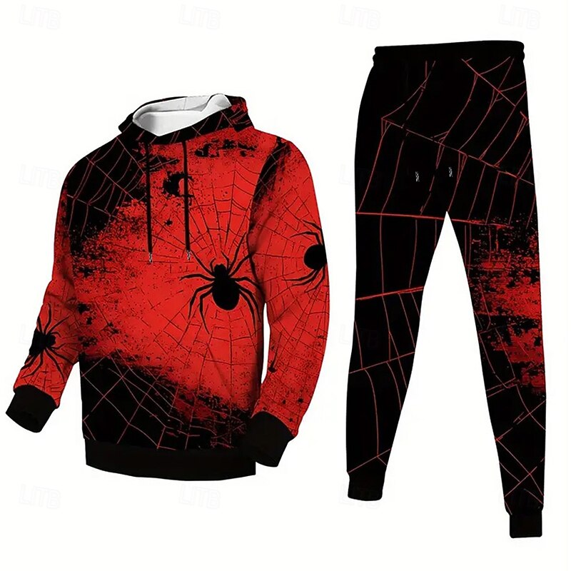 Halloween Men's Spiders 2pcs 3D Sweatshirt Sets Tracksuit Hoodie Sweatshirt Long Sleeve Long pants Hooded Casual Daily Street Athleisure 3D Print Spring Fall Winter Red2