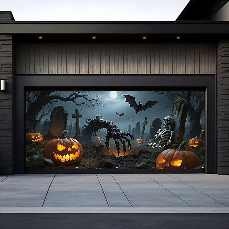 Halloween Tapestry Garage Door Cover Large Hanging Backdrop Cemetery Dark Punk Gothic Style Party Outdoor Shooting Backgrounds Yard Haunted House Home Decor2